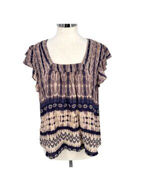 Braeve Boho Style Rayon Top Ruffle Sleeves Square Neck Purple Beige Size Medium